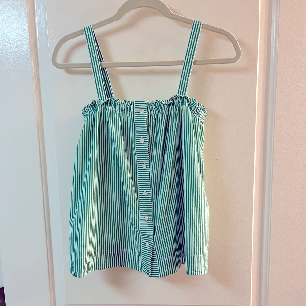 Worn 1x: J.CREW Striped Button-Front Ruffle Top, Clover Green + White